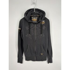 Superdry Hoodie Sweatshirt Mens S Gray Full Zip Moto City Eagle Graphic Jacket